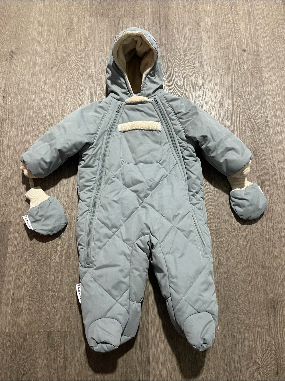 Infant Quilted Hooded One-Piece Winter Snowsuit in Light Gray